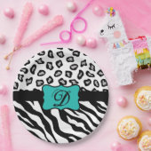 Black White Turquoise Zebra Leopard Skin Monogram Papieren Bordje (Feest)