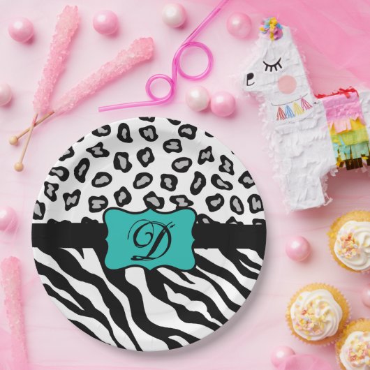 Black White Turquoise Zebra Leopard Skin Monogram Papieren Bordje (Feest)