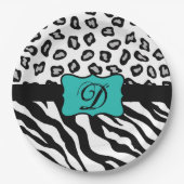 Black White Turquoise Zebra Leopard Skin Monogram Papieren Bordje (Voorkant)