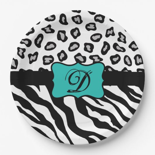 Black White Turquoise Zebra Leopard Skin Monogram Papieren Bordje (Voorkant)