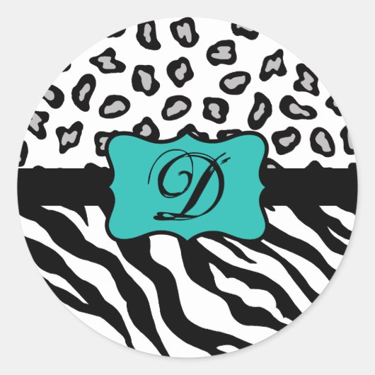 Black White Turquoise Zebra Leopard Skin Monogram Ronde Sticker (Voorkant)