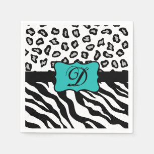 Black White Turquoise Zebra Leopard Skin Monogram Servet