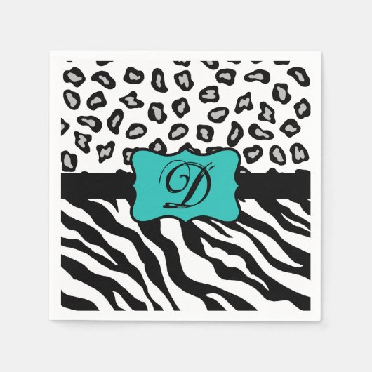 Black White Turquoise Zebra Leopard Skin Monogram Servet (Voorkant)