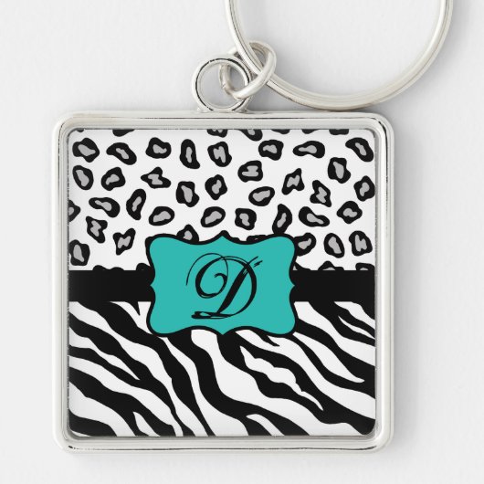 Black White Turquoise Zebra Leopard Skin Monogram Sleutelhanger (Voorkant)