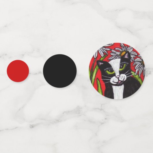 Black White Tuxedo Cat Daisies Red Black Confetti (Achterkanten)