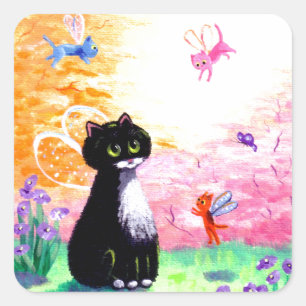 Black White Tuxedo Cat Fairies Creationarts Vierkante Sticker
