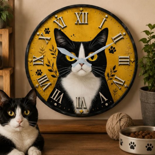Black & White Tuxedo Cat Home Decor Grote Klok