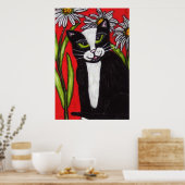 Black White Tuxedo Cat White Daisies Red Poster (Keuken)