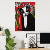 Black White Tuxedo Cat White Daisies Red Poster (Thuiskantoor)