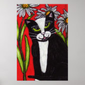 Black White Tuxedo Cat White Daisies Red Poster (Voorkant)