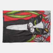Black White Tuxedo Cat White Daisies Red Theedoek (Horizontaal)