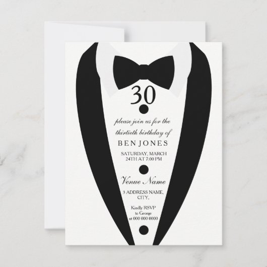 Black & White Tuxedo Mannen 30th Birthday Invitati Kaart (Voorkant)