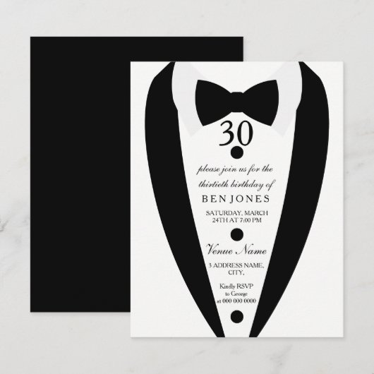 Black & White Tuxedo Mannen 30th Birthday Invitati Kaart (Voorkant / Achterkant)