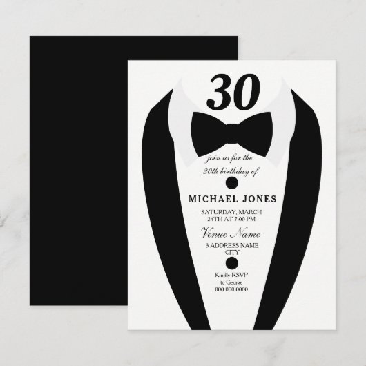 Black white Tuxedo Mannen 30th Birthday Party Invi Kaart (Voorkant / Achterkant)