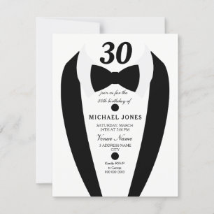 Black white Tuxedo Mannen 30th Birthday Party Invi Kaart