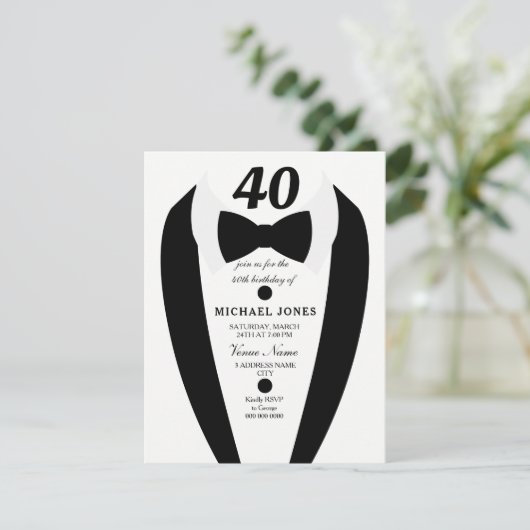 Black white Tuxedo Mannen 40th Birthday Party Invi Kaart (Staand voorkant)