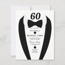 Black white Tuxedo Mannen 60th Birthday Party Invi Kaart