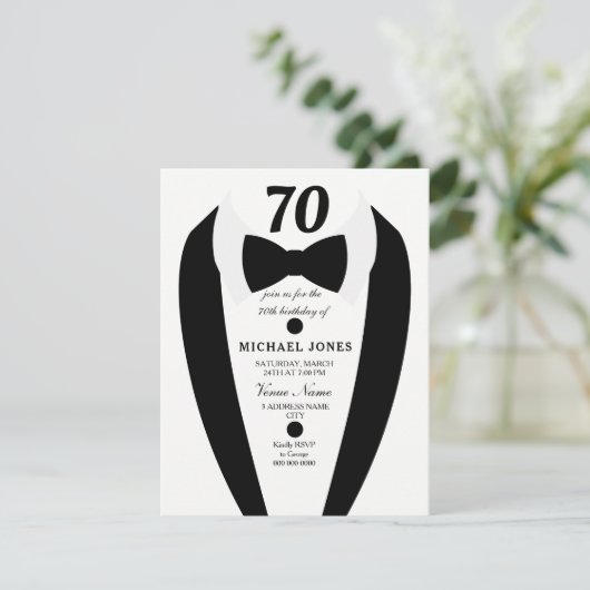 Black white Tuxedo Mannen 70th Birthday Party Invi Kaart (Staand voorkant)