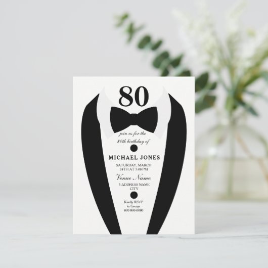 Black white Tuxedo Mannen 80th Birthday Party Invi Kaart (Staand voorkant)