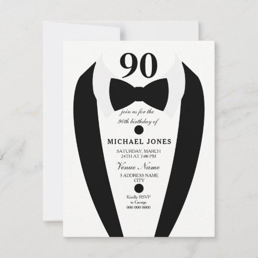 Black white Tuxedo Mannen 90th Birthday Party Invi Kaart (Voorkant)