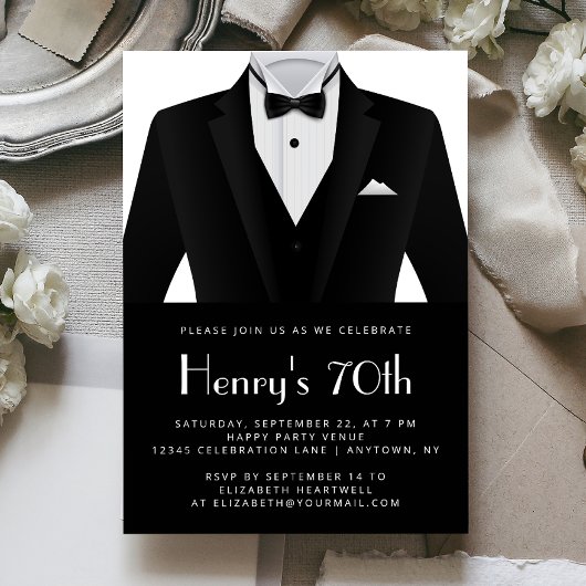 Black White Tuxedo Mens 70th Birthday Party Kaart