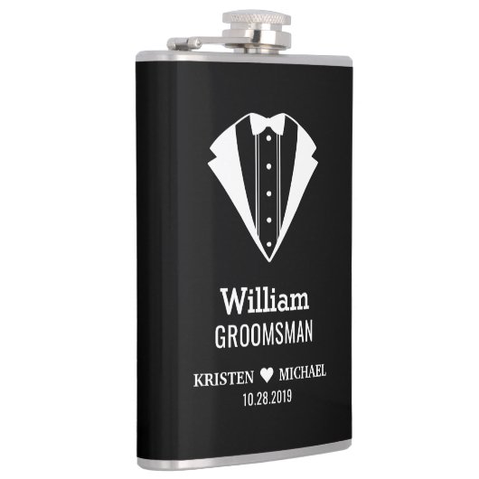 Black White Tuxedo Suit Groom Groomsman Weddenscha Heupfles (Rechts)