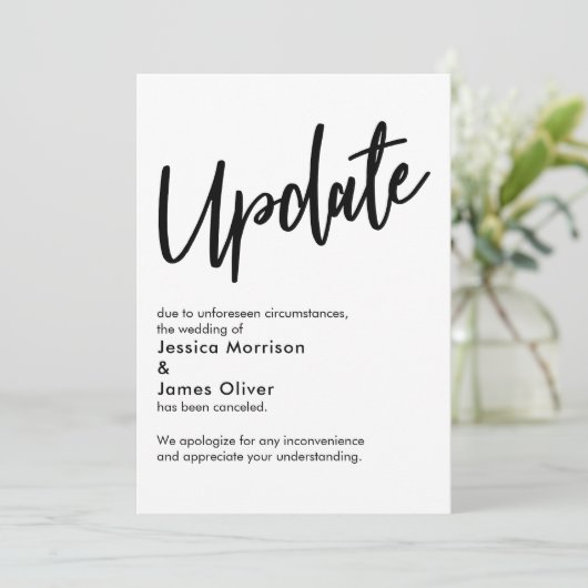 Black White Update Geannuleerde bruiloft aankondig Kaart (Staand voorkant)