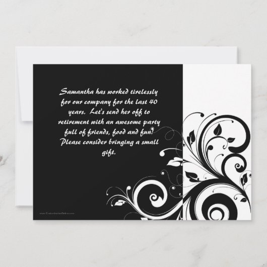 Black + White Vine Swirl Pensioenfeest Uitnodiging (Achterkant)