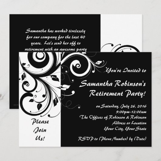 Black + White Vine Swirl Pensioenfeest Uitnodiging (Voorkant / Achterkant)