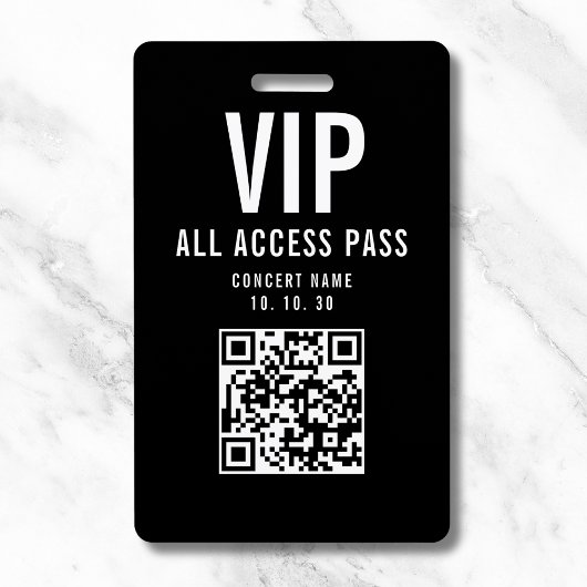 Black White VIP All Access Pass QR Code Concert Badge