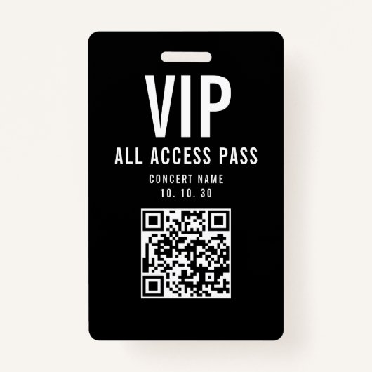 Black White VIP All Access Pass QR Code Concert Badge (Voorkant)