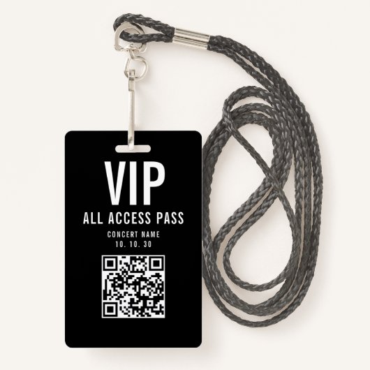 Black White VIP All Access Pass QR Code Concert Badge (Voorkant met draagriem)