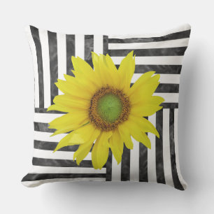 Black White Waterverf Block Stripes w/ Sunflower Buitenkussen