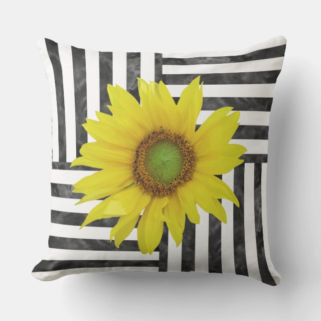 Black White Waterverf Block Stripes w/ Sunflower Buitenkussen (Voorkant)