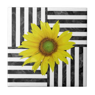 Black White Waterverf Block Stripes w/ Sunflower Tegeltje