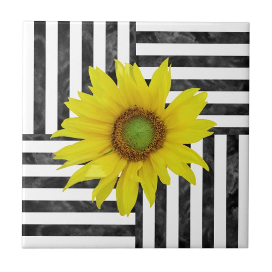 Black White Waterverf Block Stripes w/ Sunflower Tegeltje (Voorkant)