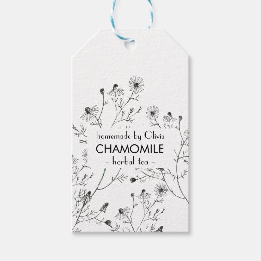 Black White Waterverf Chamomile Homemade Tea Cadeaulabel (Voorkant)