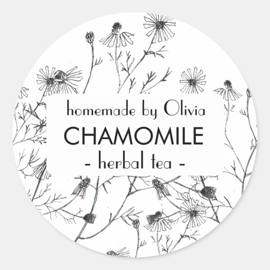 Black White Waterverf Chamomile Homemade Tea Ronde Sticker (Voorkant)