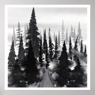 Black White Waterverf Foggy Forest Poster