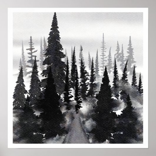 Black White Waterverf Foggy Forest Poster (Voorkant)