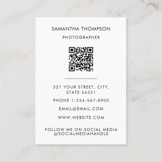 Black White Weddenschap Fotograaf QR Code Foto Visitekaartje (Achterkant)