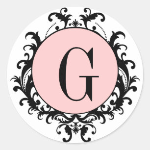 Black White Weddenschap Monogram G Damask Pink Lab Ronde Sticker