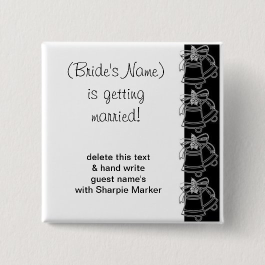 Black White Wedding Bells Vrijgezellenfeest Name P Vierkante Button 5,1 Cm (Voorkant)