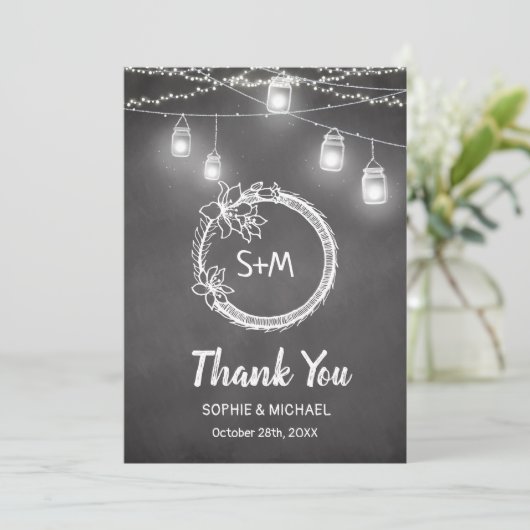 Black White Wedding Chalkboard String Lights Bedankkaart (Staand voorkant)
