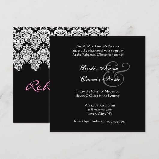 Black White Wedding Damask Lace Rehearsal Dinner Kaart (Voorkant / Achterkant)
