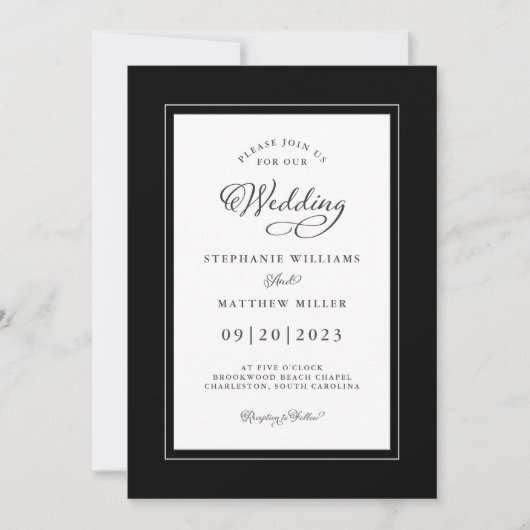 Black White Wedding Elegant Calligraphy Chic Lijst Kaart (Voorkant)