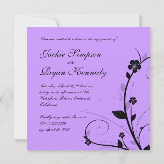 Black White Wedding Invite Floral Paars Silver Kaart (Voorkant)