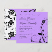 Black White Wedding Invite Floral Paars Silver Kaart (Voorkant / Achterkant)