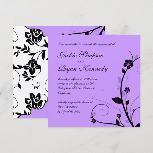 Black White Wedding Invite Floral Paars Silver Kaart (Voorkant / Achterkant)