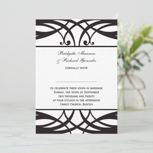 Black White Wedding Invitting Art Deco Kaart (Staand voorkant)